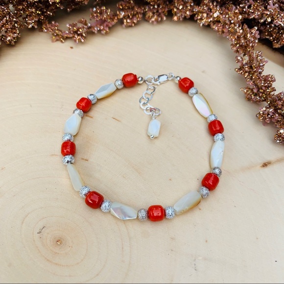 Mother of Pearl and Red Coral Sterling Bracelet - Picture 7 of 8